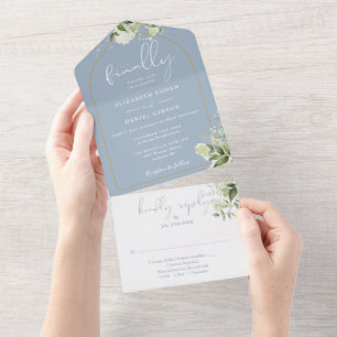 Finally Gold Arch Greenery Dusty Blue Wedding All In One Invitation