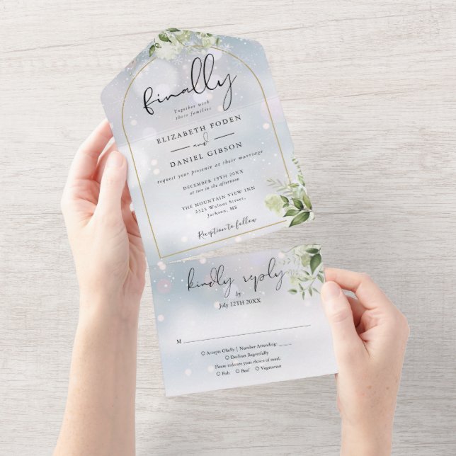 Finally Gold Arch Greenery Winter Wedding All In One Invitation (Tearaway)