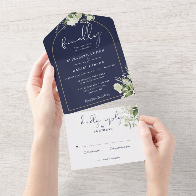 Finally Gold Arch Navy Blue Greenery Wedding All In One Invitation (Tearaway)