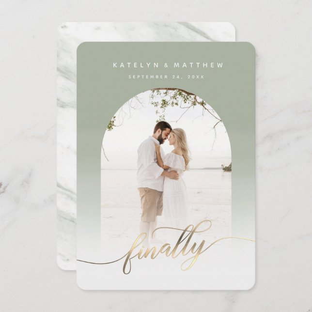 Finally Gold Script & Sage Archway Framed Photo Save The Date (Front/Back)