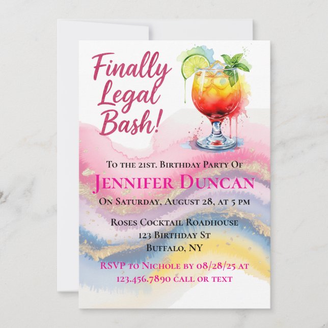 Finally Legal 21st. Birthday Bash For a Girl Invitation (Front)