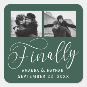Finally Minimalist Wedding 2 Photo Save the Date Square Sticker