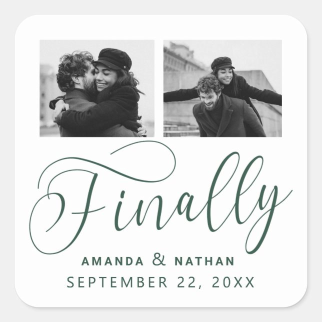 Finally Minimalist Wedding 2 Photo Save the Date Square Sticker (Front)
