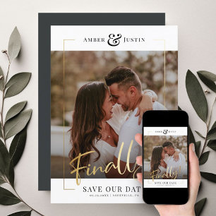 Finally!   Modern Gold Square Photo Elegant Fun Save The Date