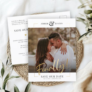 Finally!   Modern Gold Square Photo Elegant Save Announcement Postcard