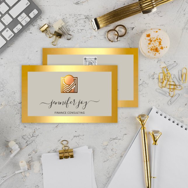 Finance Consulting Broker Gold Grey Logo QR Business Card (Finance Consulting Broker Gold Gray Logo QR Business Card)