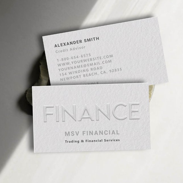 Finance Faux Embossed Modern Professional Minimal Business Card (dealer trader financial finance business card faux embossed black white professional sleek)