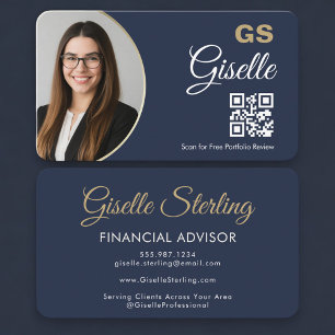 Financial Agent Photo QR Code Navy Blue Gold  Business Card