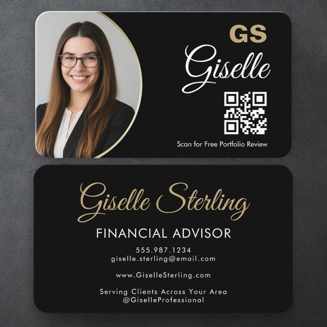 Financial Agent QR Code Photo Black Gold Business Card (Creator Uploaded)