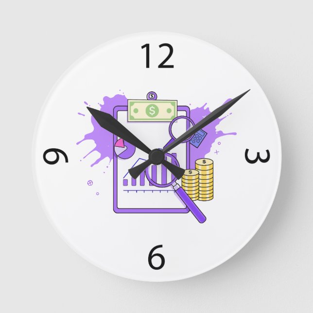 Financial Analysis Report Money Magnifying Glass Round Clock (Front)