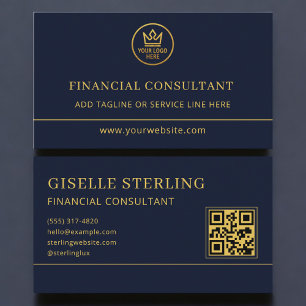 Financial Consultant Blue Gold Logo QR Code Business Card