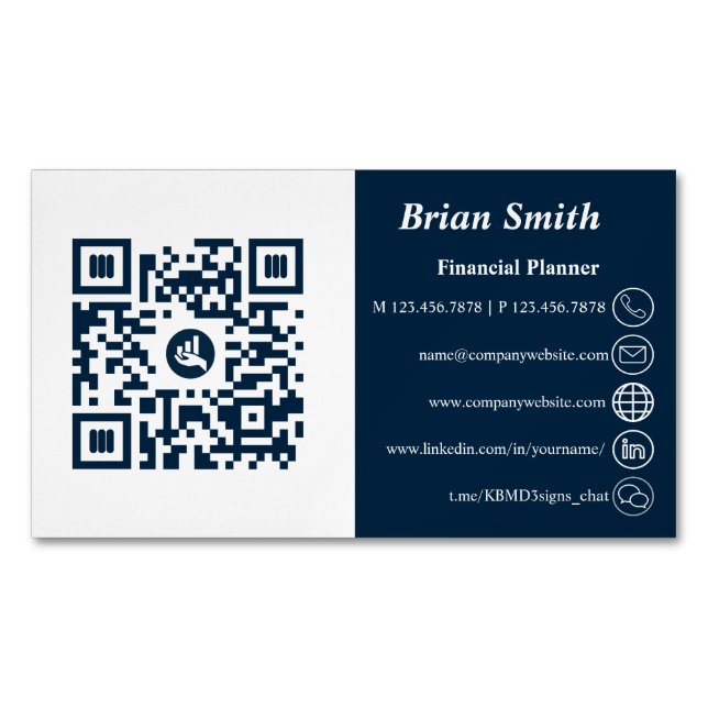 Financial Planner  QR Code Blue Magnetic Business Card (Front)