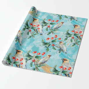 Finch bird, Christmas greenery, red berry Wrapping Paper