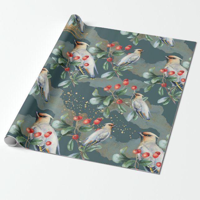 Finch bird, Christmas greenery, red berry Wrapping Paper (Unrolled)