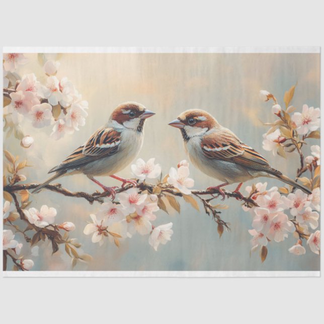 Finch Birds on a Cherry Blossom Branch Decoupage Tissue Paper (Front)