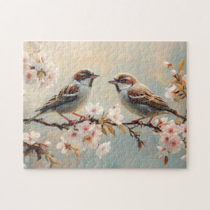 Finch Birds on a Cherry Blossom Branch Jigsaw Puzzle