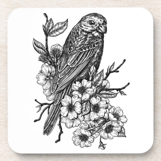 Finch on cherry branch coaster (Front)