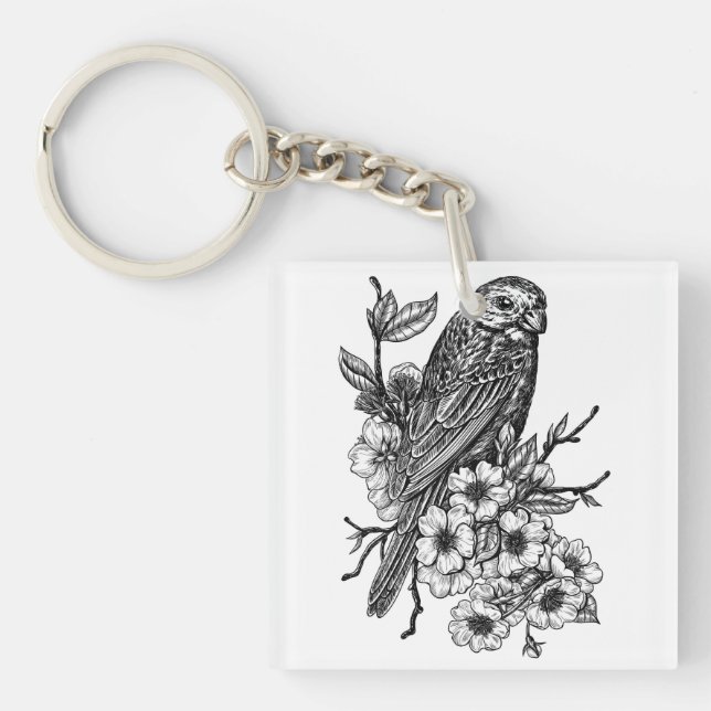 Finch on cherry branch key ring (Front)