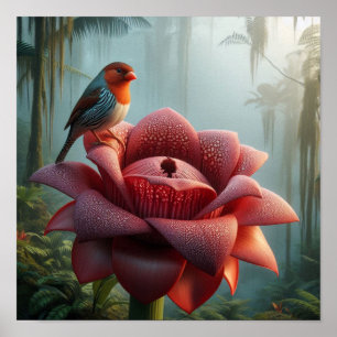Finch on Giant Jungle Flower in Moody Tropical Poster