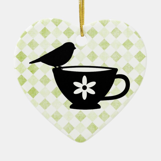 Finch on Teacup Silhouette Ceramic Tree Decoration (Front)