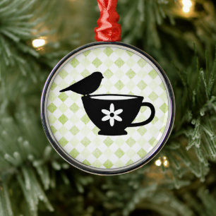 Finch on Teacup Silhouette Metal Tree Decoration