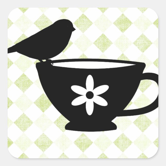 Finch on Teacup Silhouette Square Sticker (Front)
