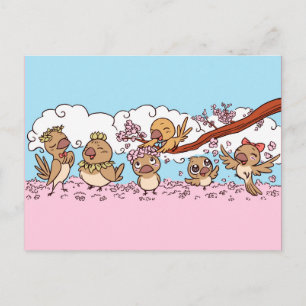 Finches birds with pink sakura flowers postcard