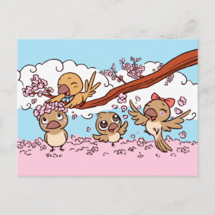 Finches birds with pink sakura flowers postcard