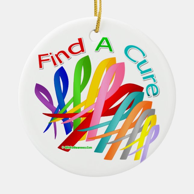 Find A Cure Colourful Cancer Ribbons Ceramic Ornament (Front)