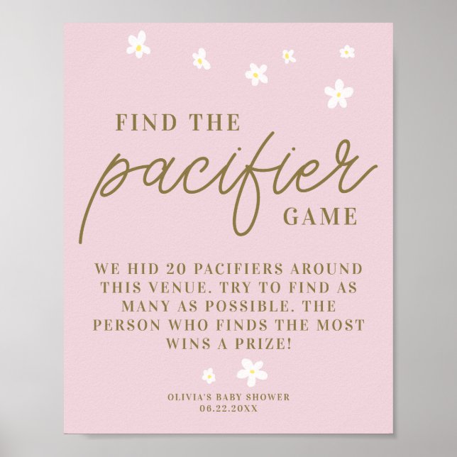 Find Pacifier Baby Shower Game Boho Daisies Pink Poster (Front)