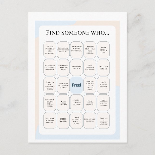 Find Someone Who Classroom Bingo Activity Postcard (Front)
