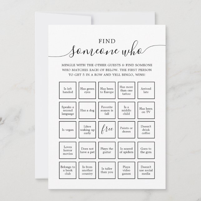 Find Someone Who Guests Bingo game Card (Front)