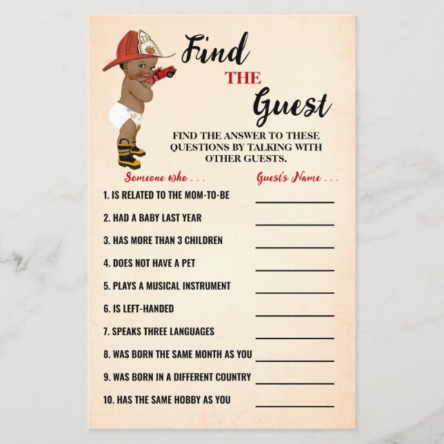 Find the Guest AA Fireman Baby Shower Game Card (Front)