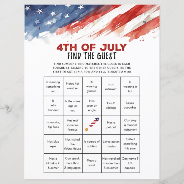 Find the Guest Bingo 4th of July Party Game (Front)