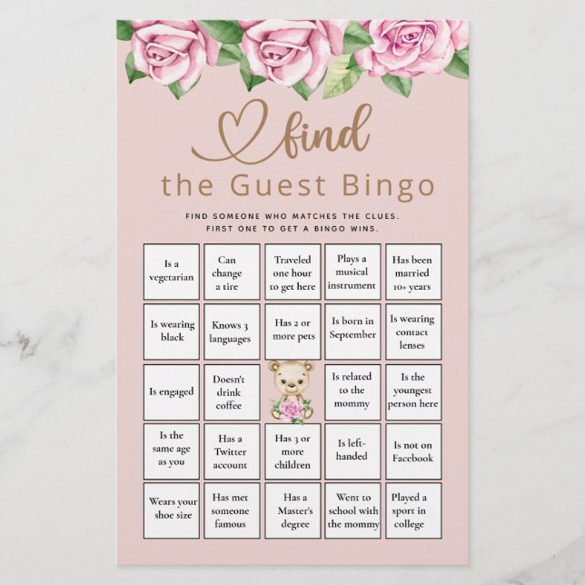 Find The Guest Bingo Baby Bear Baby Shower Game (Front)