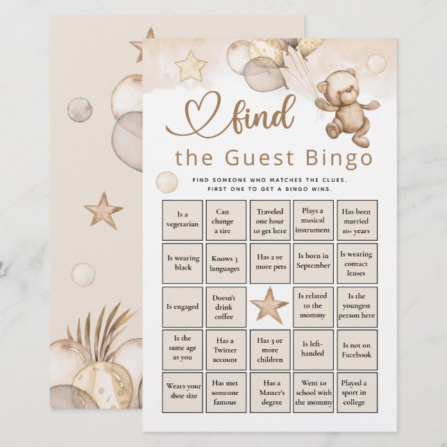 Find The Guest Bingo Baby Bear Baby Shower Game (Front/Back)