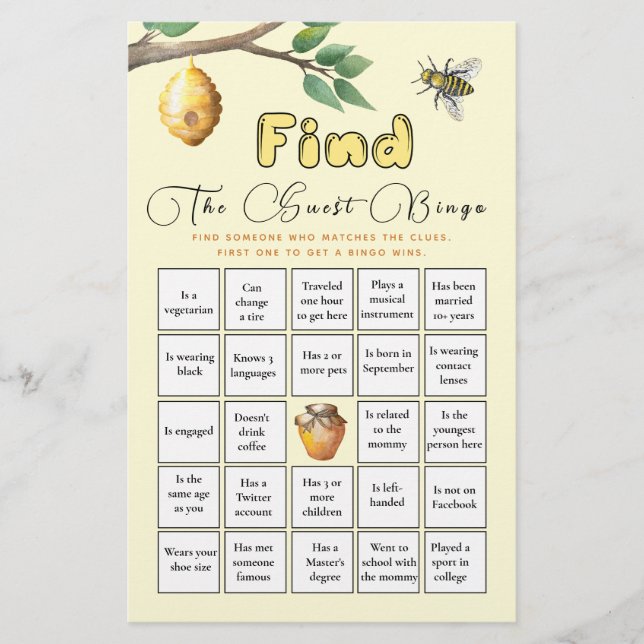 Find The Guest Bingo Baby Bee Baby Shower Game (Front)