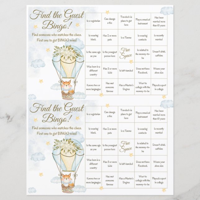 Find the Guest Bingo Baby Shower Game (Front)