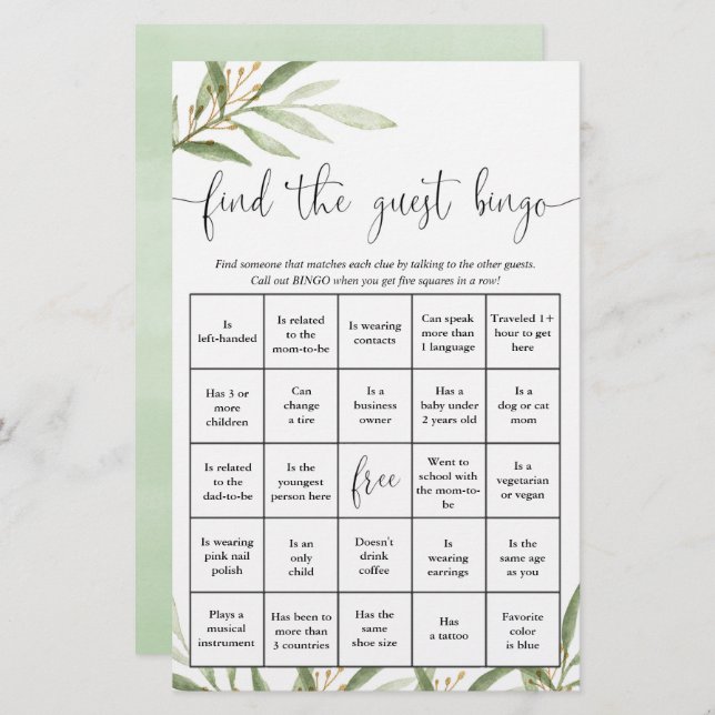 Find the guest bingo fun baby shower game (Front/Back)
