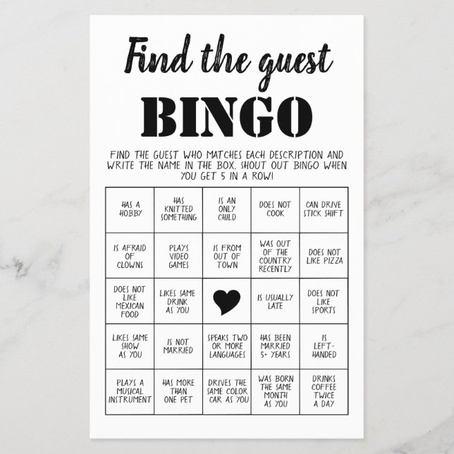 Find the Guest Bingo Game Card (Front)