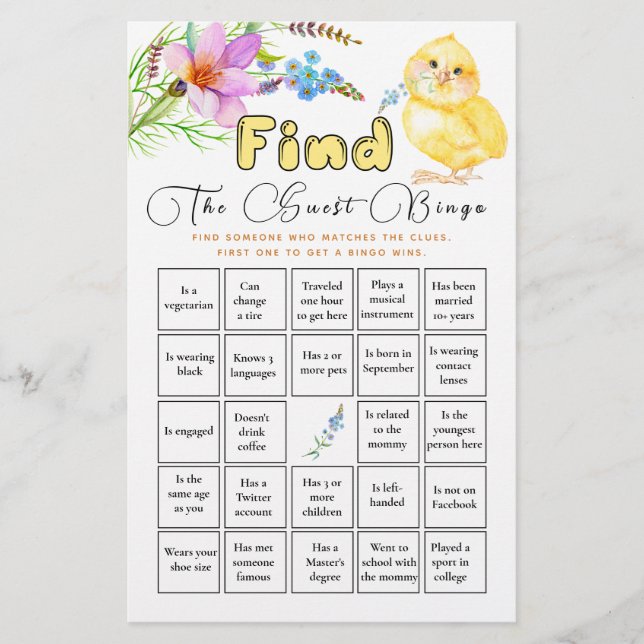 Find The Guest Bingo Little Chick Baby Shower Game (Front)