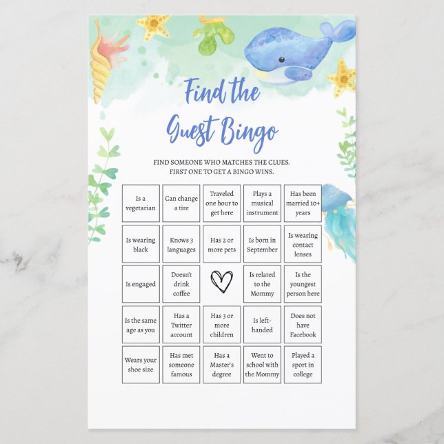 Find The Guest BINGO Summer Baby Shower Game (Front)