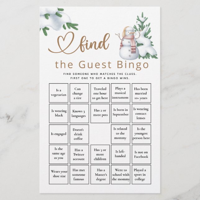 Find The Guest Bingo Winter Baby Shower Game (Front)