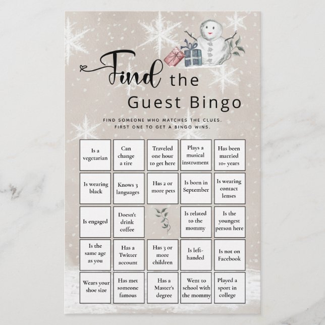 Find The Guest Bingo Winter Baby Shower Game (Front)