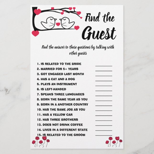Find the Guest Bridal Shower Game Card Love Bird (Front)