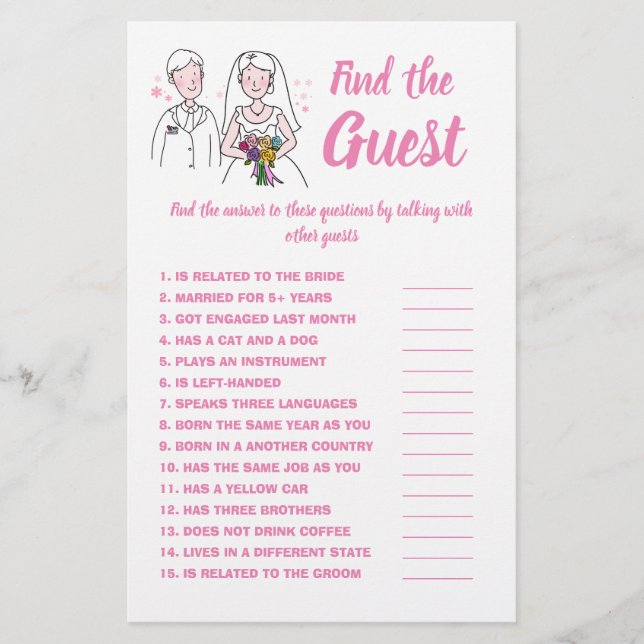 Find the Guest, Bridal Shower Game Card Pink Love (Front)