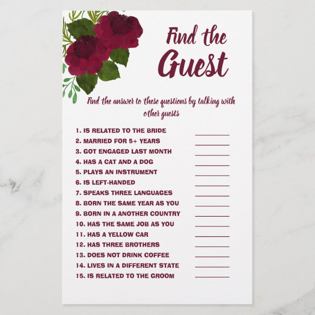 Find the Guest Bridal Shower Game Card Red (Front)