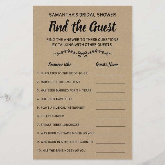 Find the Guest Bridal Shower Rustic Game Card (Front)