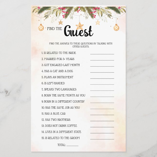 Find the Guest Christmas Bridal Shower Game Card F (Front)