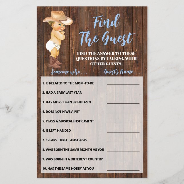 Find the Guest Cowboy Baby Shower Game Card (Front)